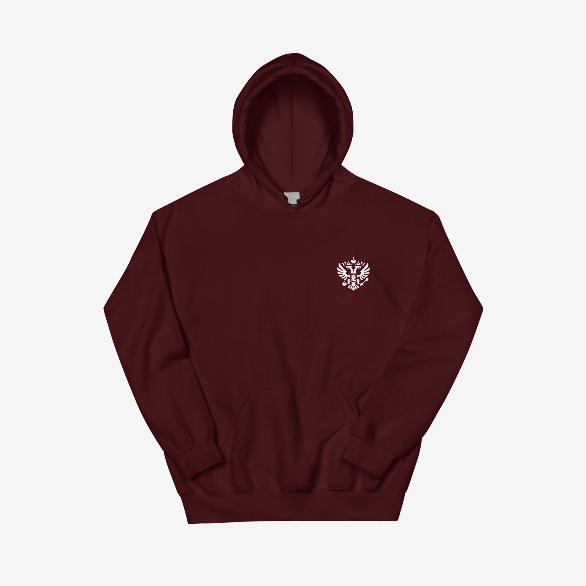 Maroon red blue unisex hoodie with the official minimalist version of coat of arms of the Russian Federation, with double-headed eagle emblem positioned over the left chest and small emblem and RUSSIA written on the back neck side