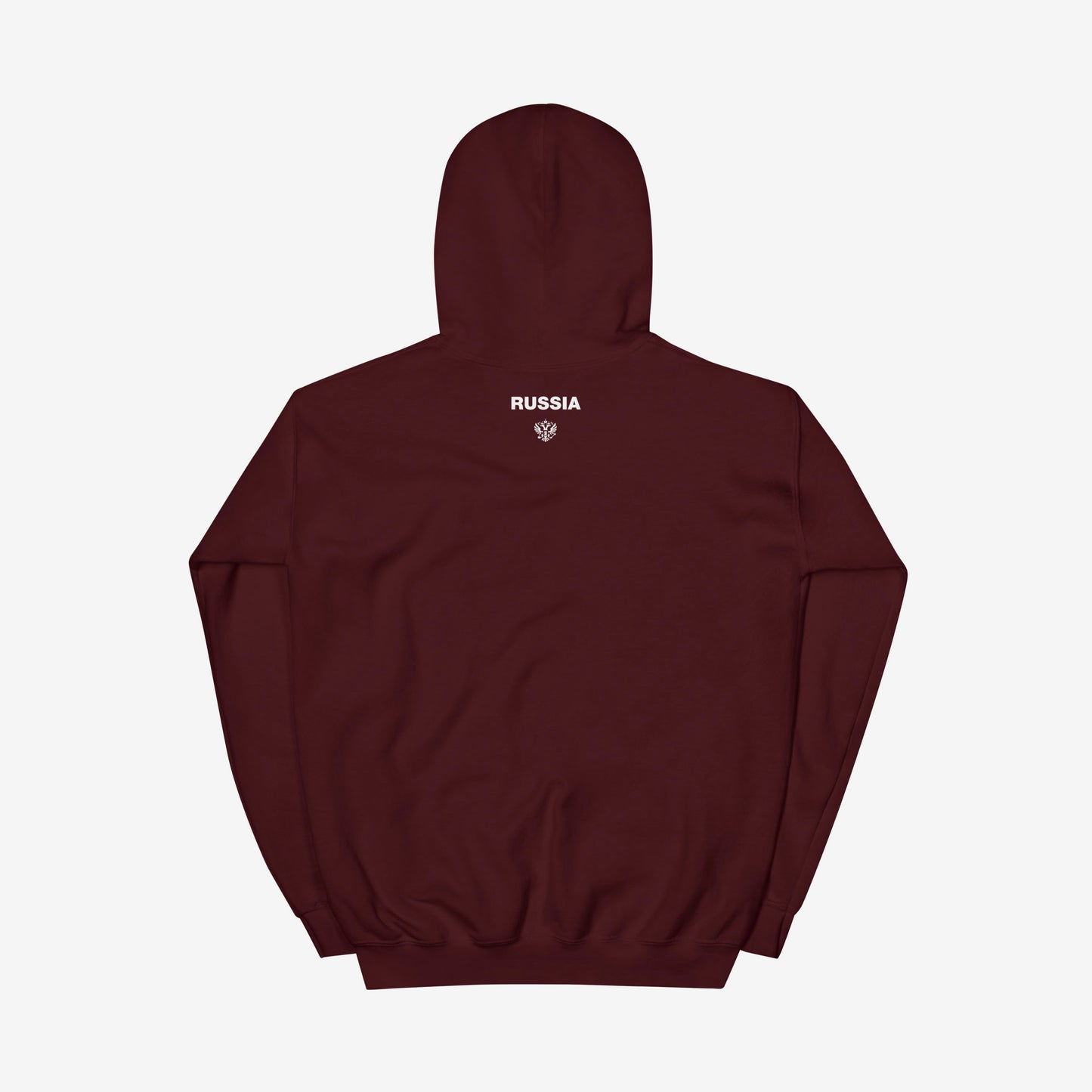 Maroon red blue unisex hoodie with the official minimalist version of coat of arms of the Russian Federation, with double-headed eagle emblem positioned over the left chest and small emblem and RUSSIA written on the back neck side