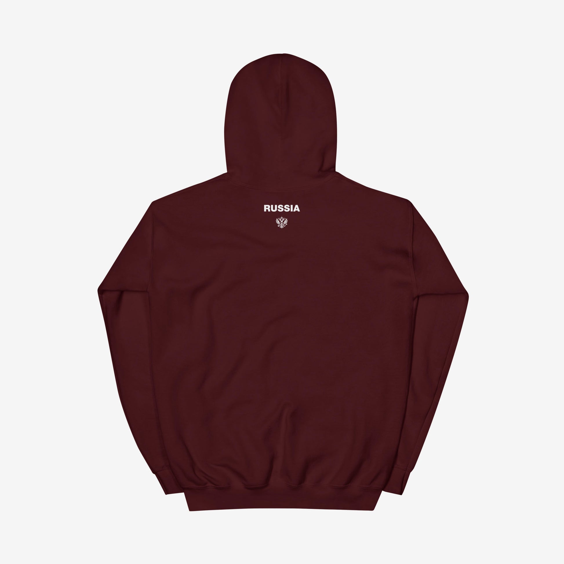Maroon red blue unisex hoodie with the official minimalist version of coat of arms of the Russian Federation, with double-headed eagle emblem positioned over the left chest and small emblem and RUSSIA written on the back neck side
