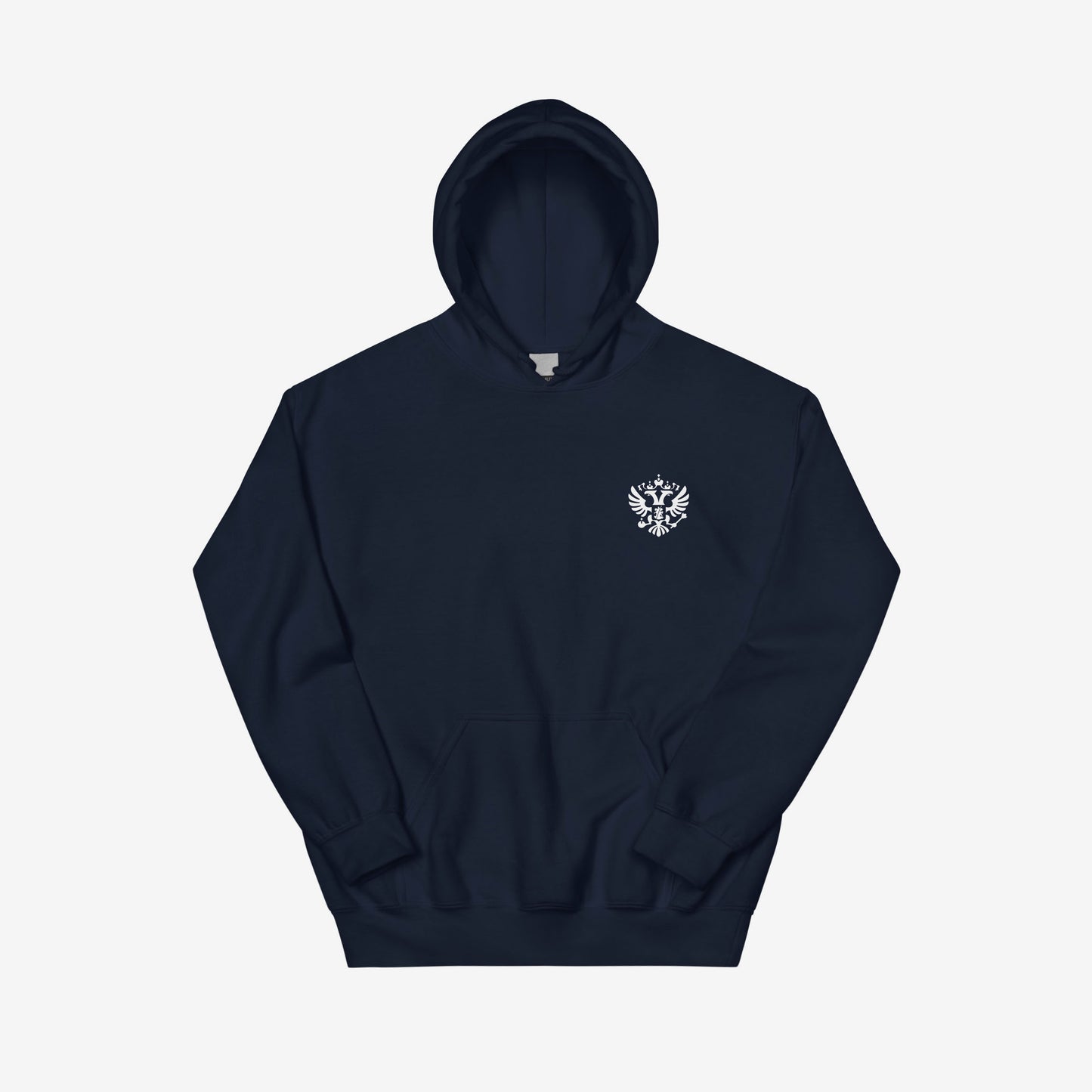 Navy blue unisex hoodie with the official minimalist version of coat of arms of the Russian Federation, with double-headed eagle emblem positioned over the left chest and small emblem and RUSSIA written on the back neck side