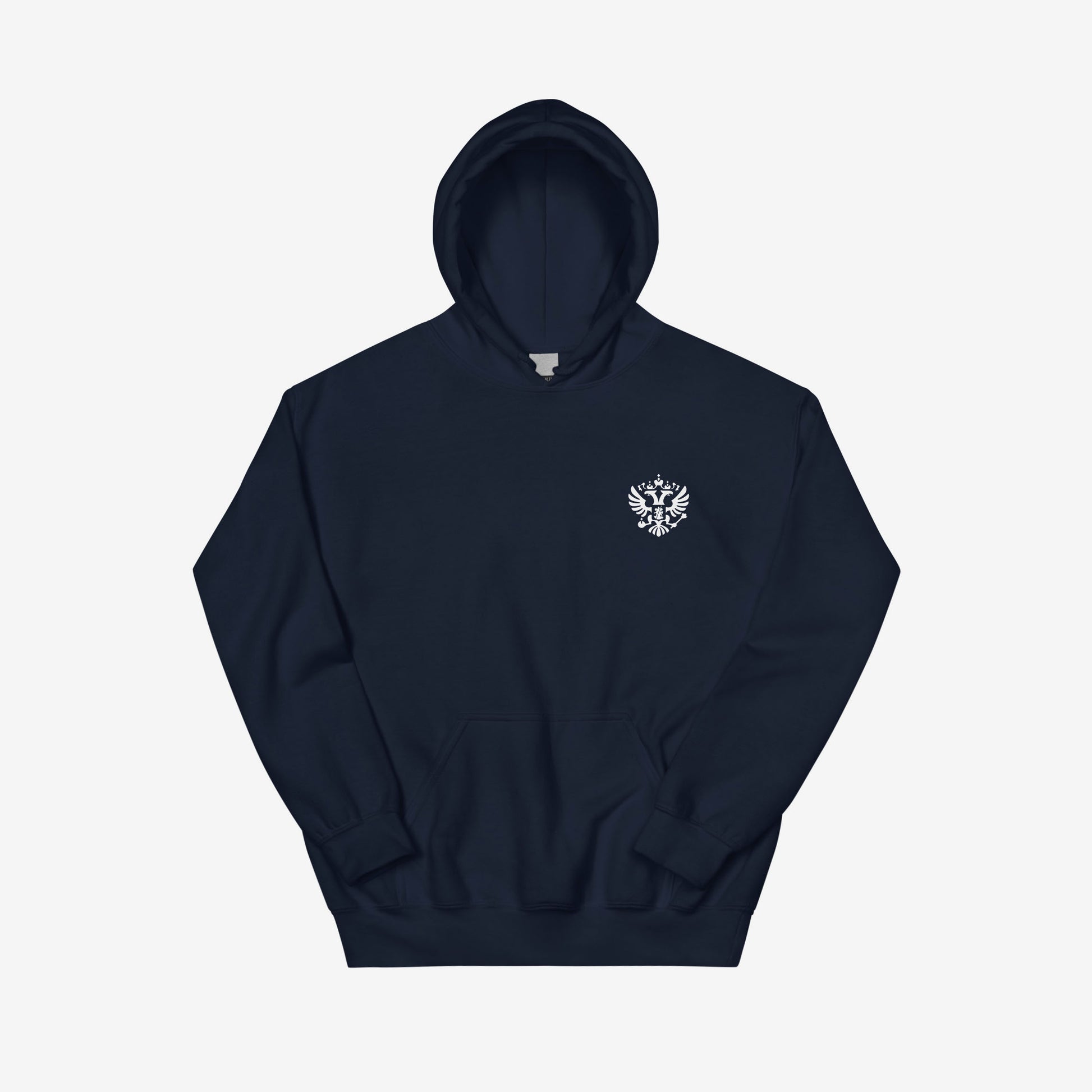 Navy blue unisex hoodie with the official minimalist version of coat of arms of the Russian Federation, with double-headed eagle emblem positioned over the left chest and small emblem and RUSSIA written on the back neck side
