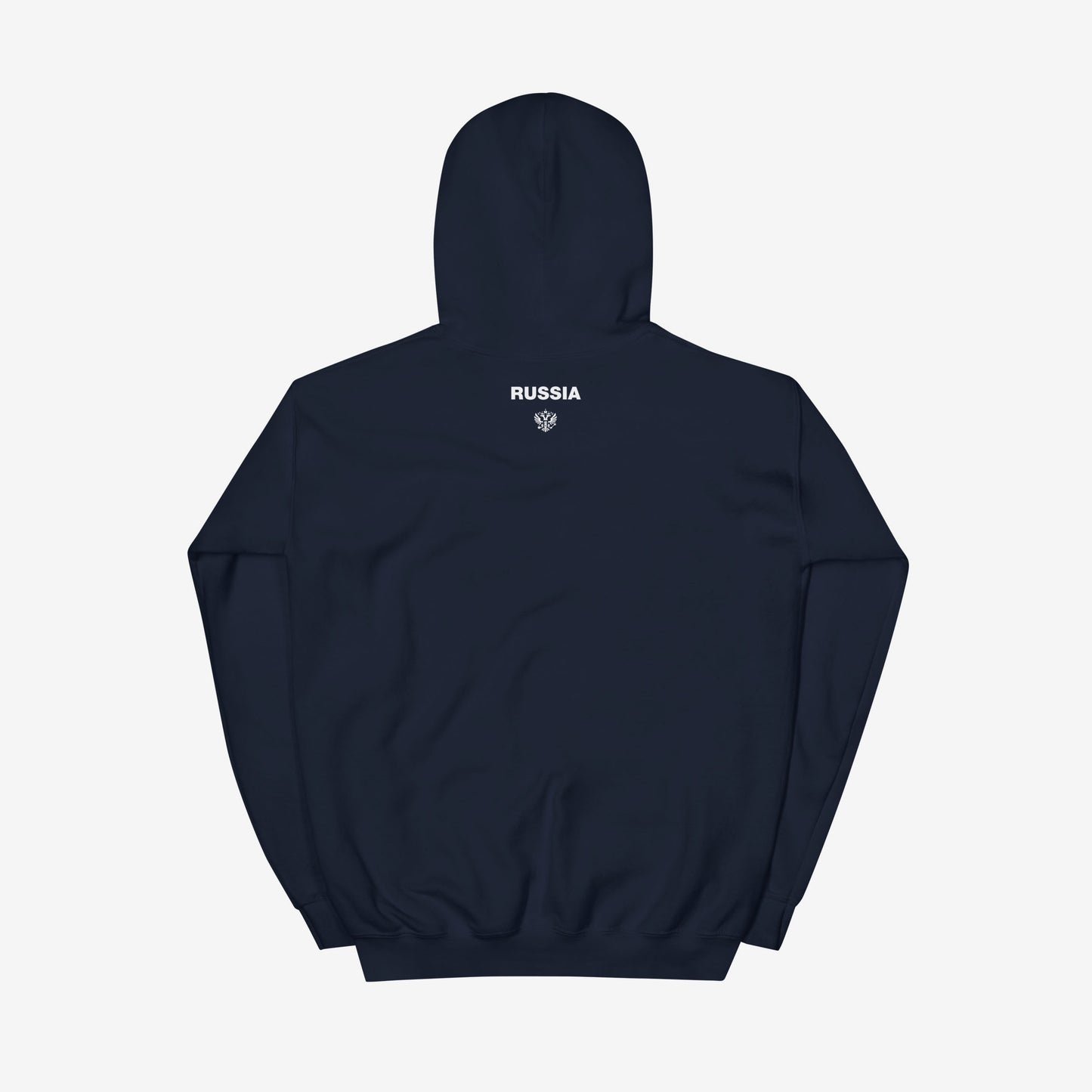 Navy blue unisex hoodie with the official minimalist version of coat of arms of the Russian Federation, with double-headed eagle emblem positioned over the left chest and small emblem and RUSSIA written on the back neck side
