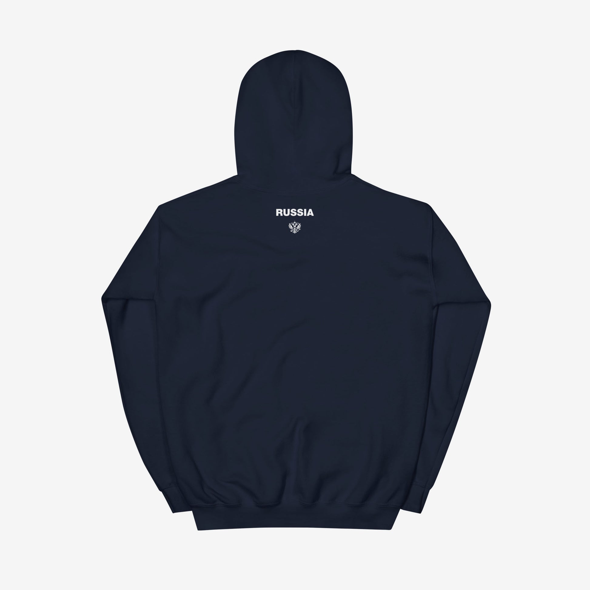 Navy blue unisex hoodie with the official minimalist version of coat of arms of the Russian Federation, with double-headed eagle emblem positioned over the left chest and small emblem and RUSSIA written on the back neck side