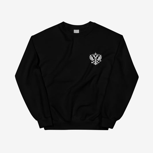 Black unisex sweatshirt with the official minimalist version of coat of arms of the Russian Federation, with double-headed eagle emblem positioned over the left chest and small emblem and RUSSIA written on the back neck side