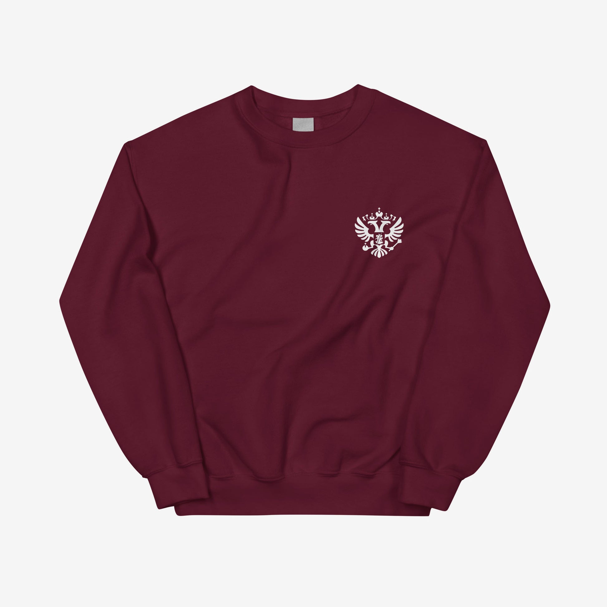 Black unisex sweatshirt with the official minimalist version of coat of arms of the Russian Federation, with double-headed eagle emblem positioned over the left chest and small emblem and RUSSIA written on the back neck side