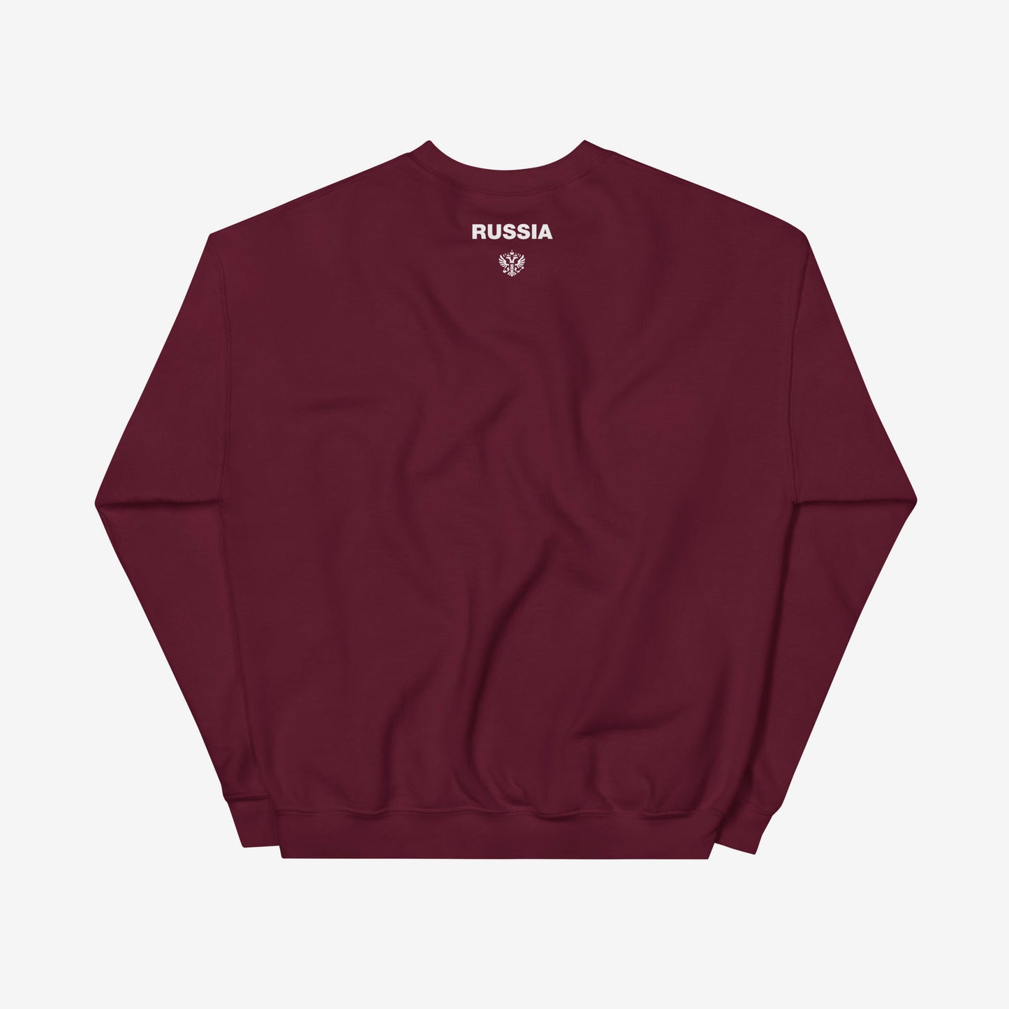 Black unisex sweatshirt with the official minimalist version of coat of arms of the Russian Federation, with double-headed eagle emblem positioned over the left chest and small emblem and RUSSIA written on the back neck side