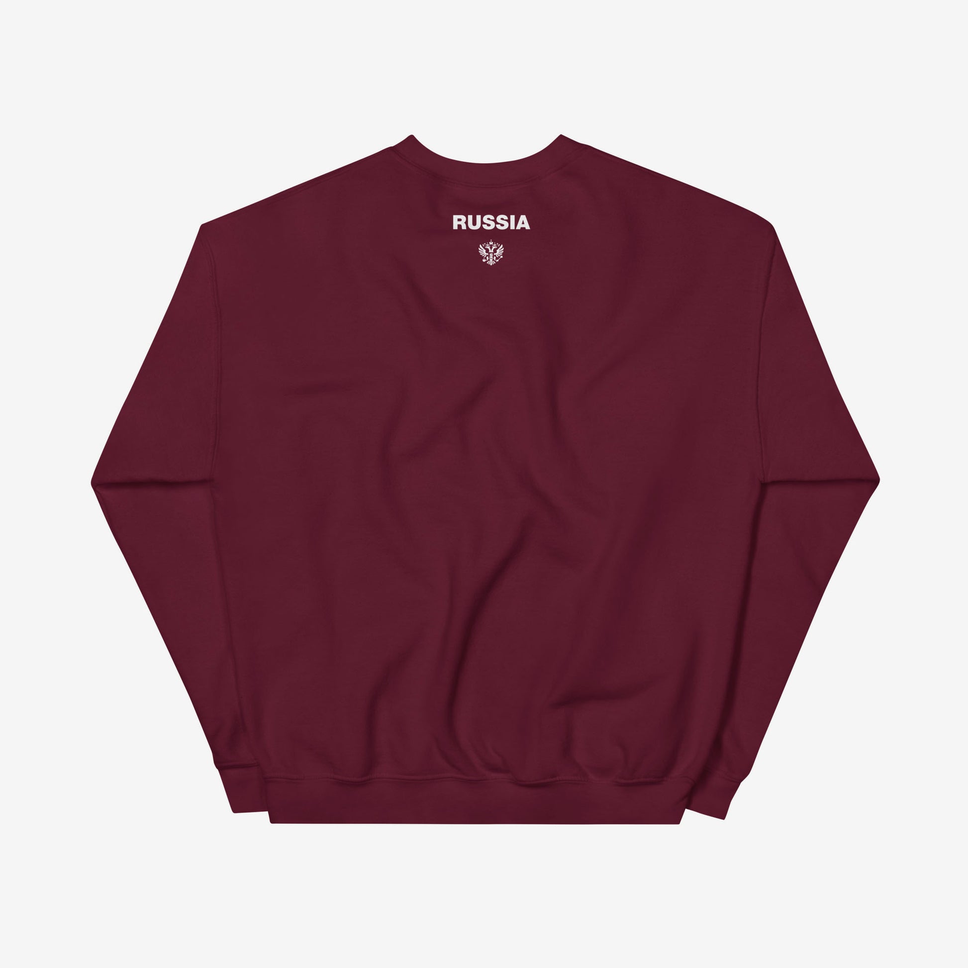 Black unisex sweatshirt with the official minimalist version of coat of arms of the Russian Federation, with double-headed eagle emblem positioned over the left chest and small emblem and RUSSIA written on the back neck side