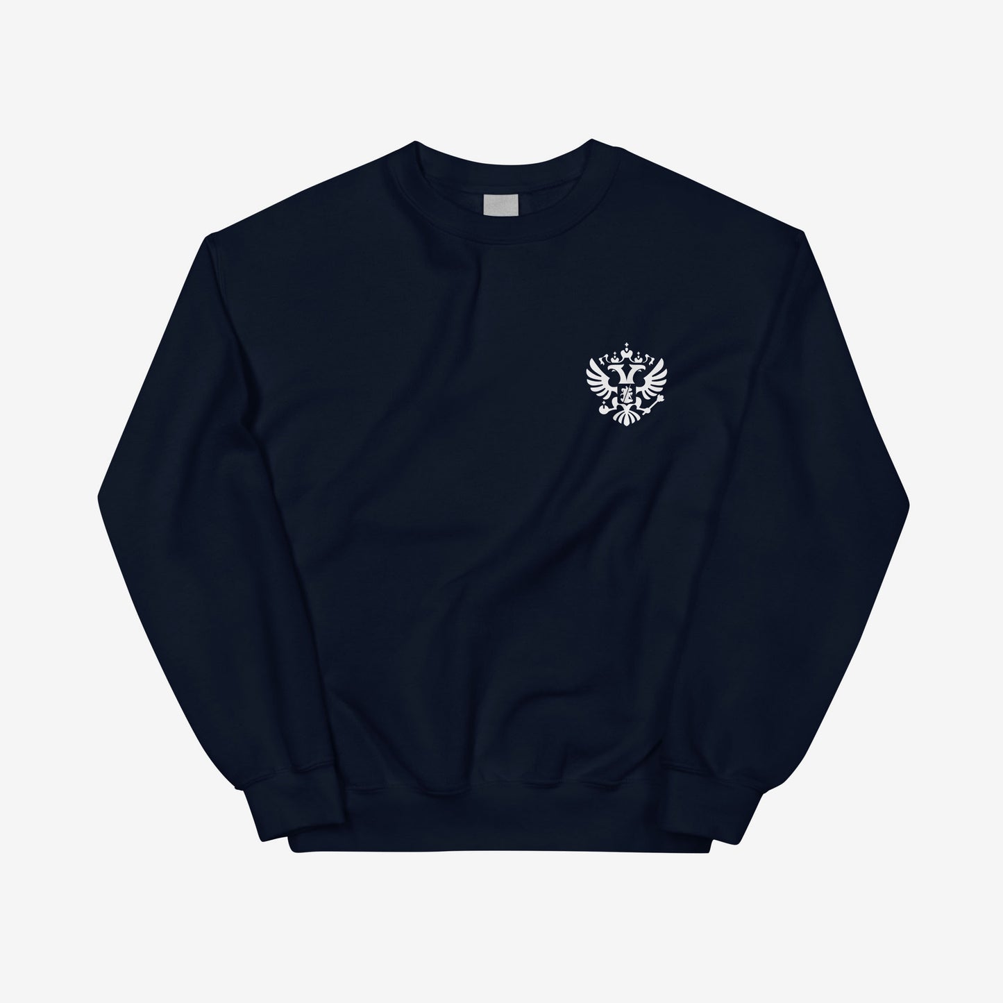 Black unisex sweatshirt with the official minimalist version of coat of arms of the Russian Federation, with double-headed eagle emblem positioned over the left chest and small emblem and RUSSIA written on the back neck side
