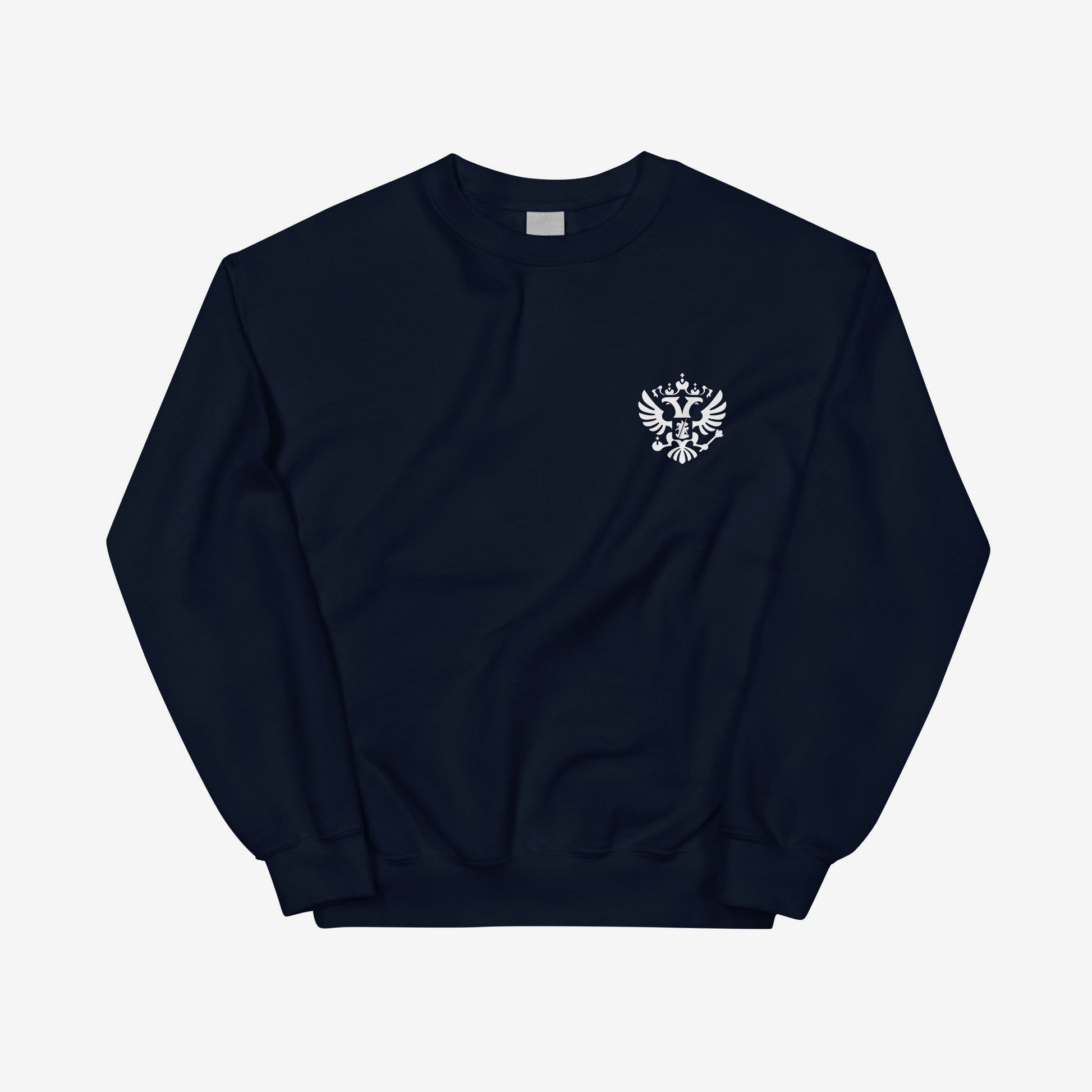 Black unisex sweatshirt with the official minimalist version of coat of arms of the Russian Federation, with double-headed eagle emblem positioned over the left chest and small emblem and RUSSIA written on the back neck side