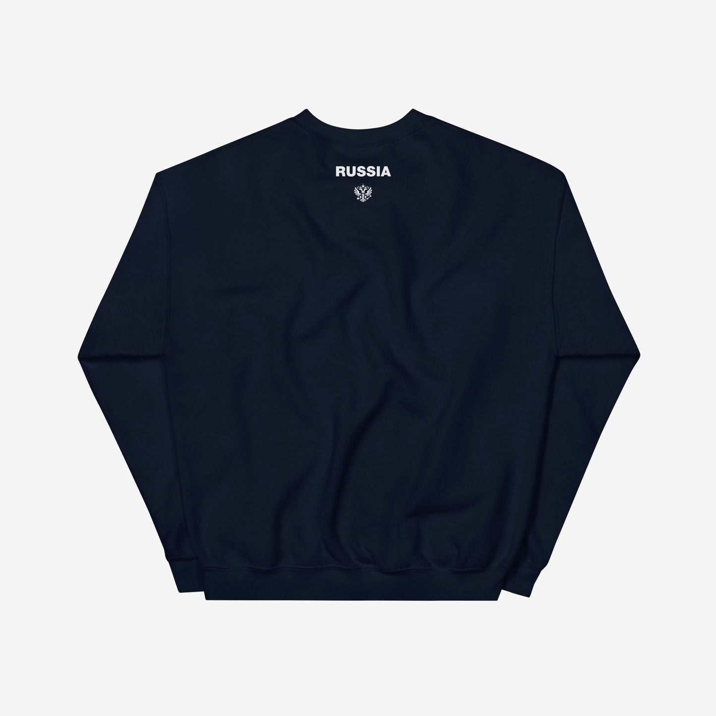 Black unisex sweatshirt with the official minimalist version of coat of arms of the Russian Federation, with double-headed eagle emblem positioned over the left chest and small emblem and RUSSIA written on the back neck side