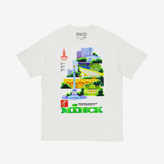 Minsk 1980 Olympic white unisex T-shirt with Soviet Belarusian city architecture. From www.artsoviet.com