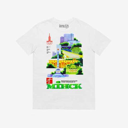 Minsk 1980 Olympic white unisex T-shirt with Soviet Belarusian city architecture