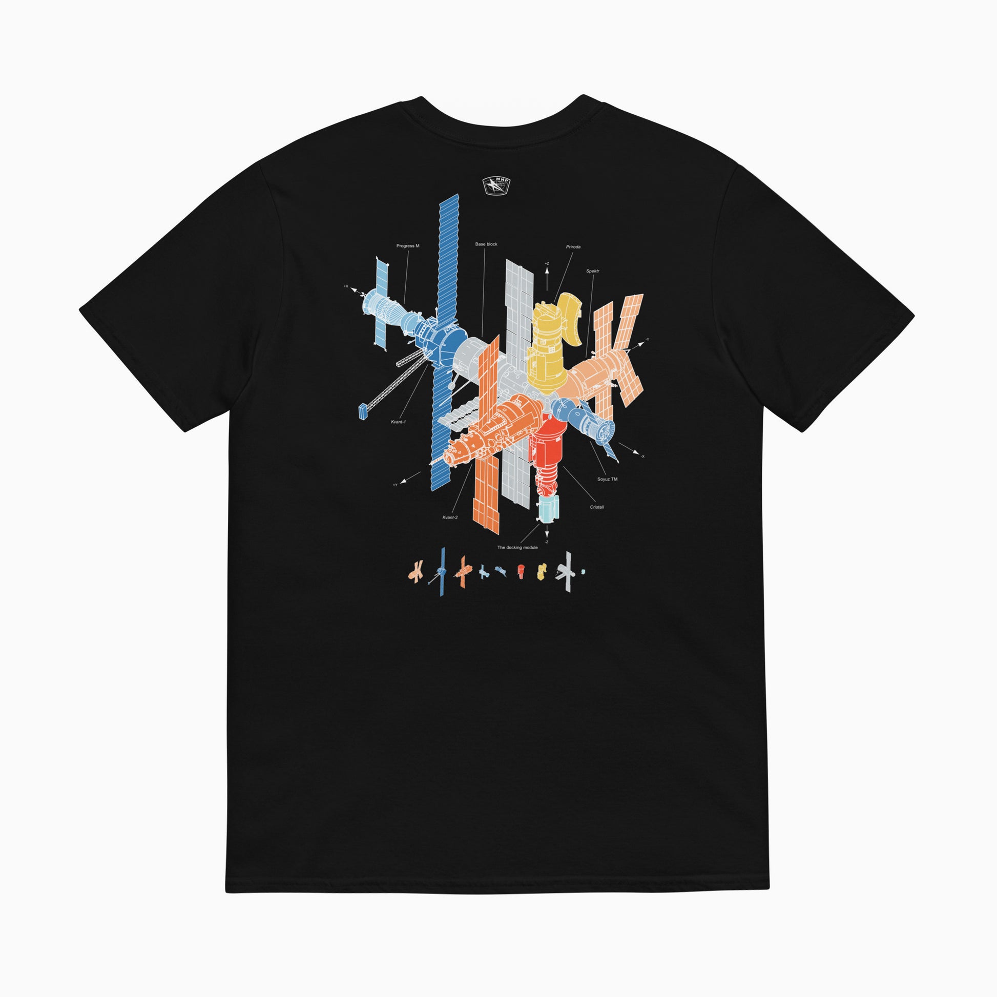 Mir Space Station black unisex black T-shirt - large print on the back. www.artsoviet.com