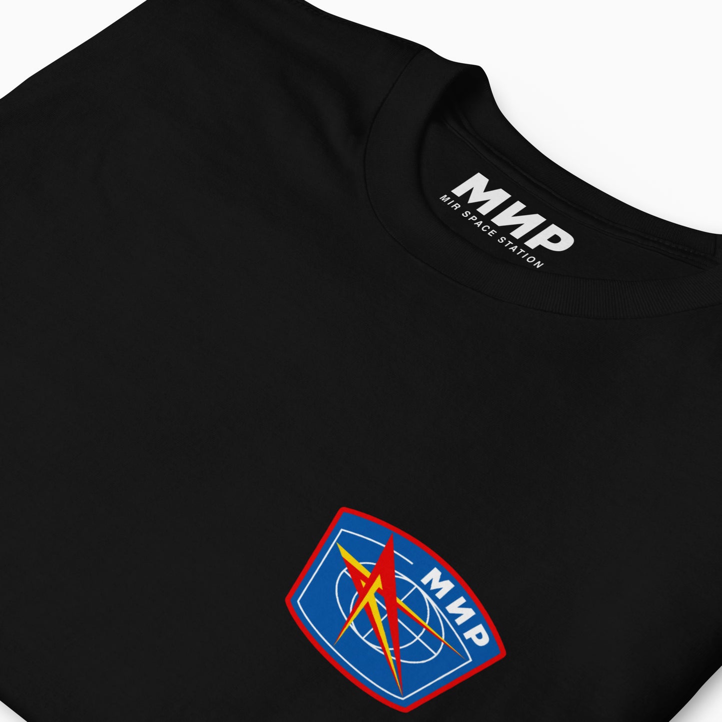 Mir Space Station black unisex T-shirt - closeup photo with branded necktag. www.artsoviet.com