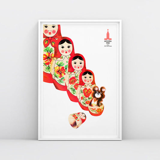 Soviet 1980 Olympic poster featuring Misha with Russian nesting dolls