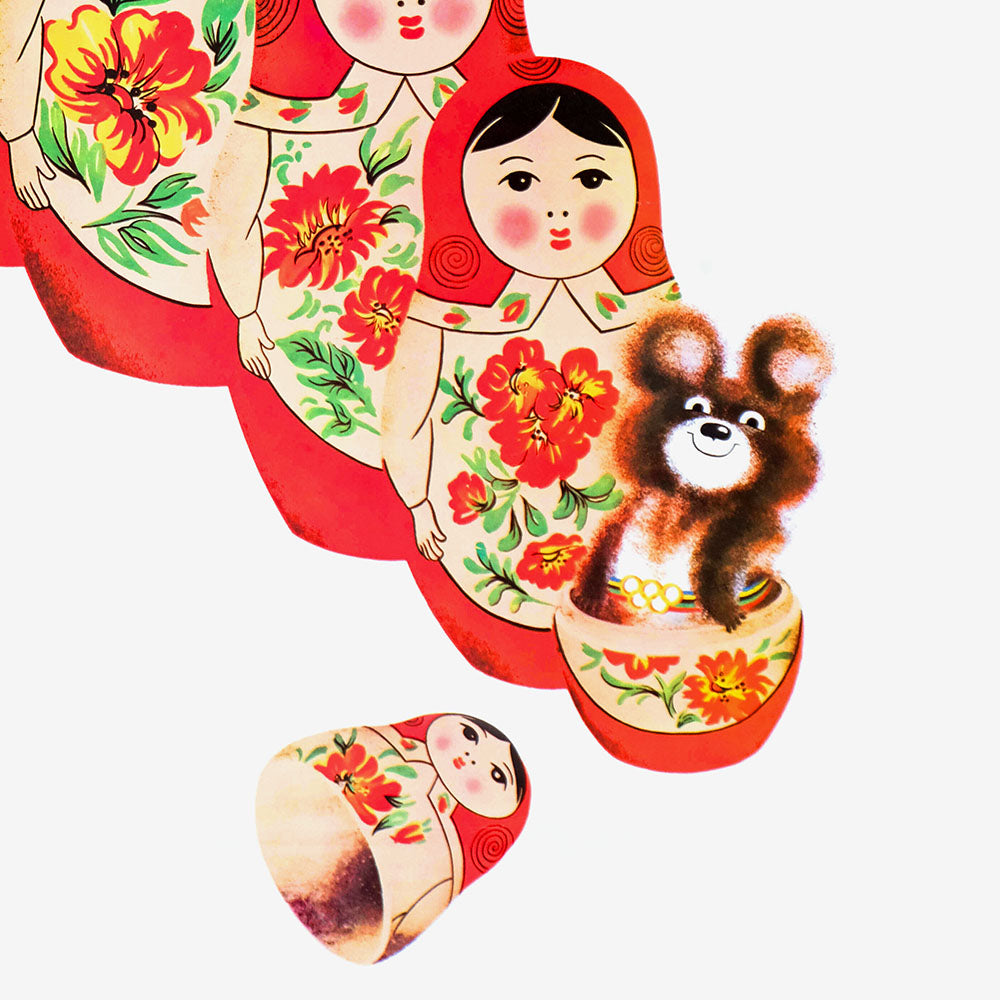 Soviet 1980 Olympic poster featuring Misha with Russian nesting dolls
