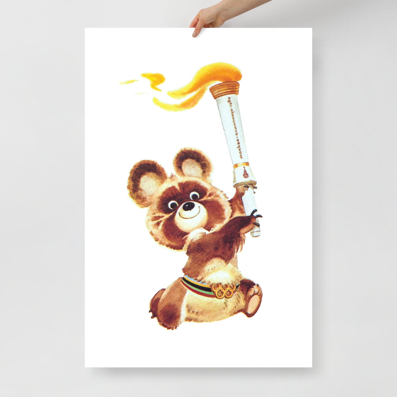 Rare 1980 Moscow Olympics poster featuring Misha the Olympic Bear holding the Olympic torch, symbolizing Soviet sportsmanship and Olympic history.