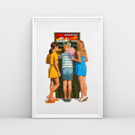Large poster with Soviet Sea Battle arcade game machine and three children, blonde girls with candy floss and gum, boy playing the machine