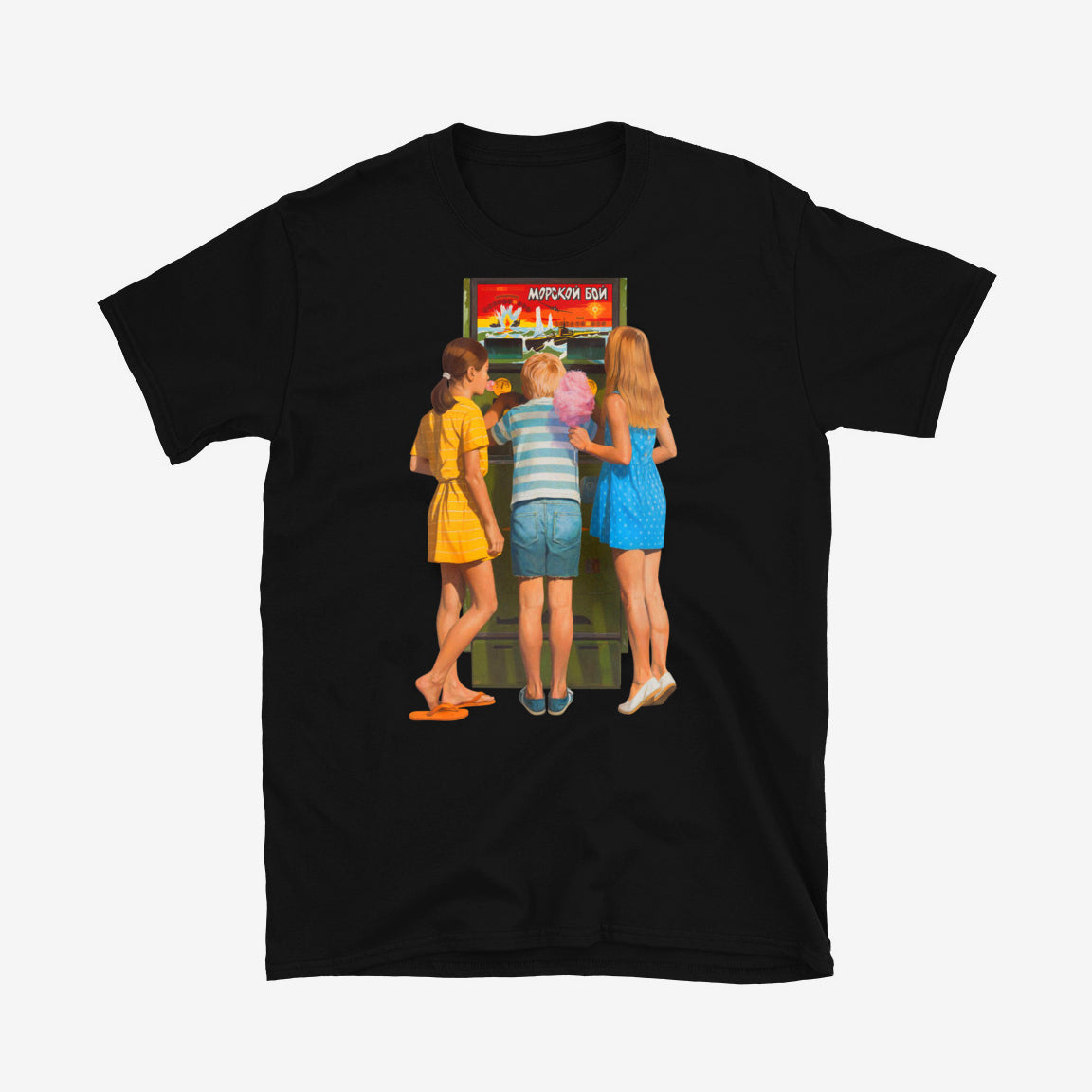 Unisex T-shirt with Soviet Sea Battle arcade game and children, with blonde girls holding candy floss and chewing gum 