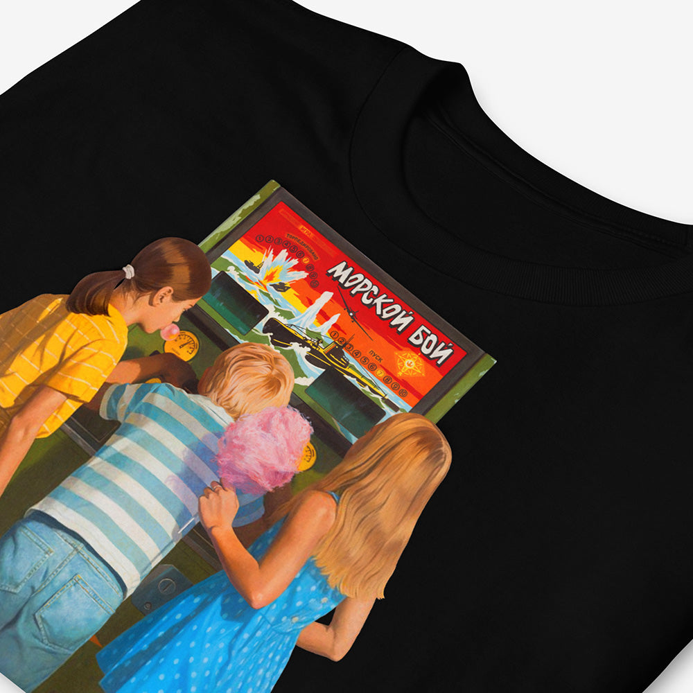 Unisex T-shirt with Soviet Sea Battle arcade game and children, with blonde girls holding candy floss and chewing gum 