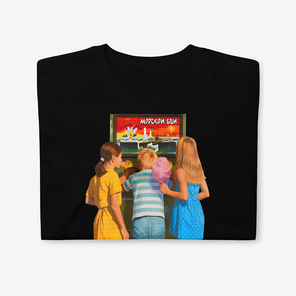Unisex T-shirt with Soviet Sea Battle arcade game and children, with blonde girls holding candy floss and chewing gum 