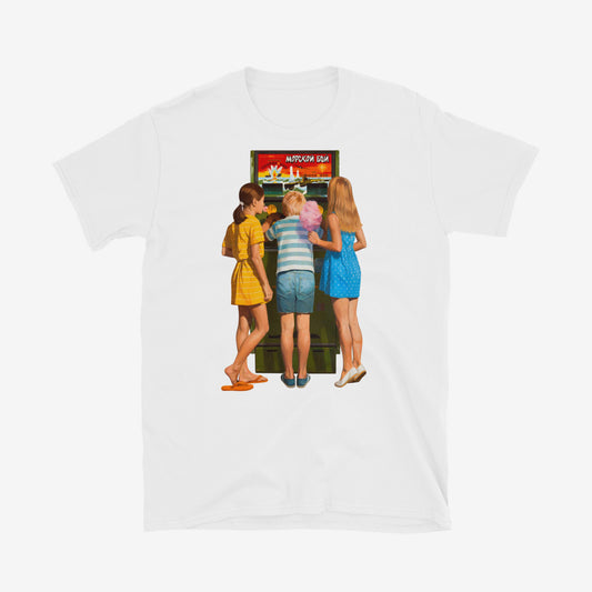 Unisex T-shirt with Soviet Sea Battle arcade game and children, with blonde girls holding candy floss and chewing gum 