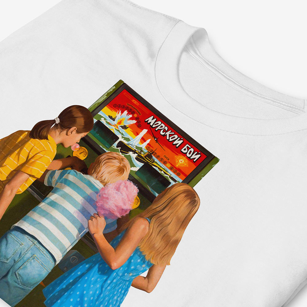 Unisex T-shirt with Soviet Sea Battle arcade game and children, with blonde girls holding candy floss and chewing gum 