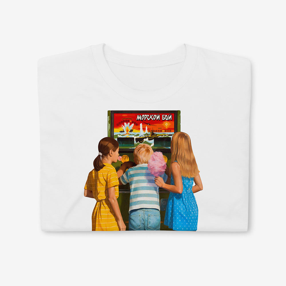 Unisex T-shirt with Soviet Sea Battle arcade game and children, with blonde girls holding candy floss and chewing gum 