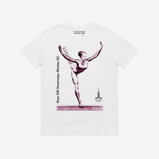 White Soviet Moscow 1980 T-shirt featuring a beautiful fit gymnast girl in a 'Swan' pose