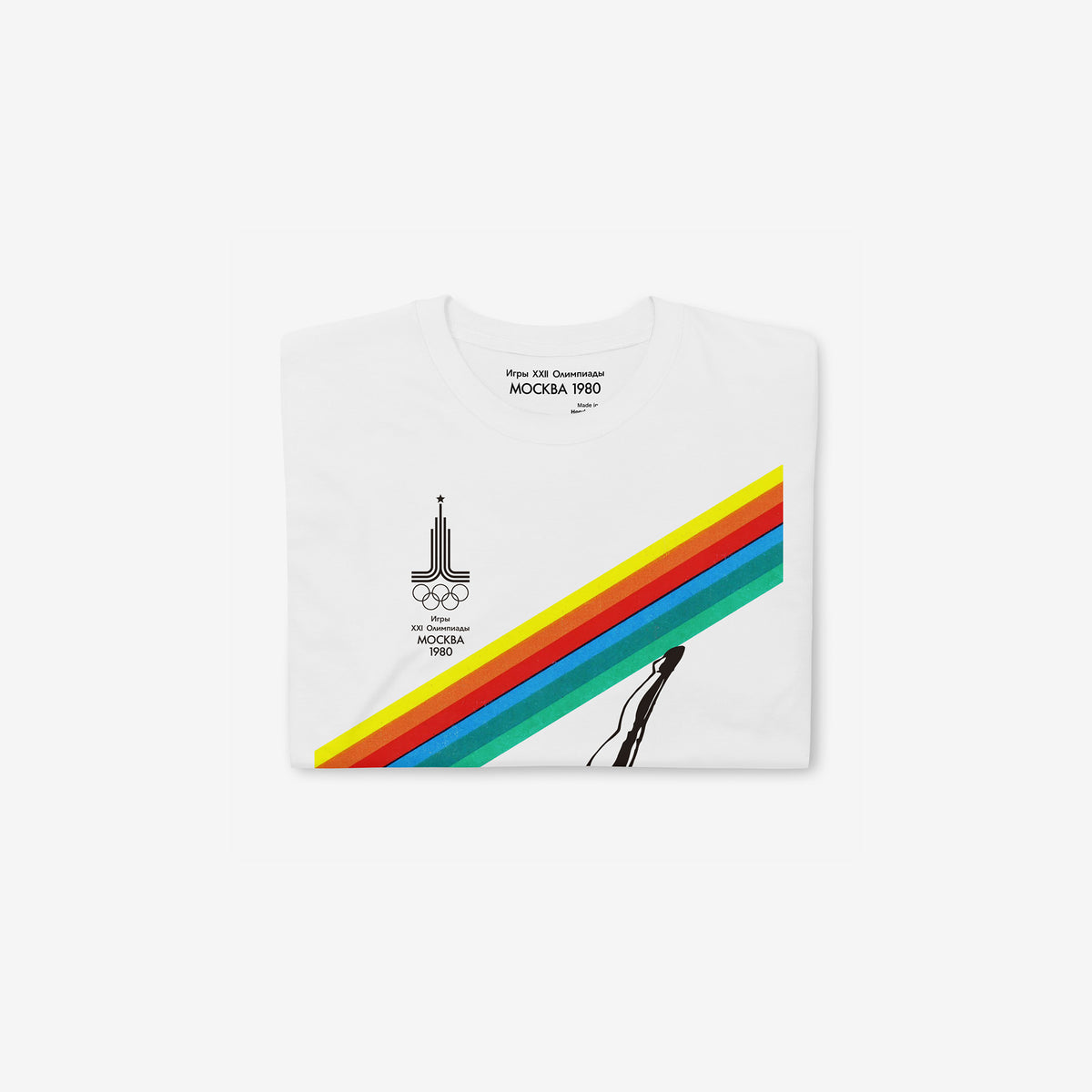 Vintage Soviet t-shirt featuring a 1980 Moscow Olympics illustration of a female gymnast performing on a balance beam. Folded