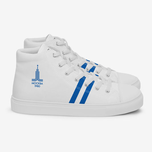 Mens sport high-top white shoes with vintage Soviet navy color graphics featuring Moscow 1980 logo and retro stripes. Side view
