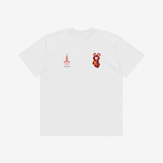 A white unisex premium quality Tee featuring an original red MOSCOW 1980 Olympics logo with 'МОСКВА 1980' wordmark on the left chest and official USSR Olympic Games bear mascot Misha on the right chest. www.artsoviet.com