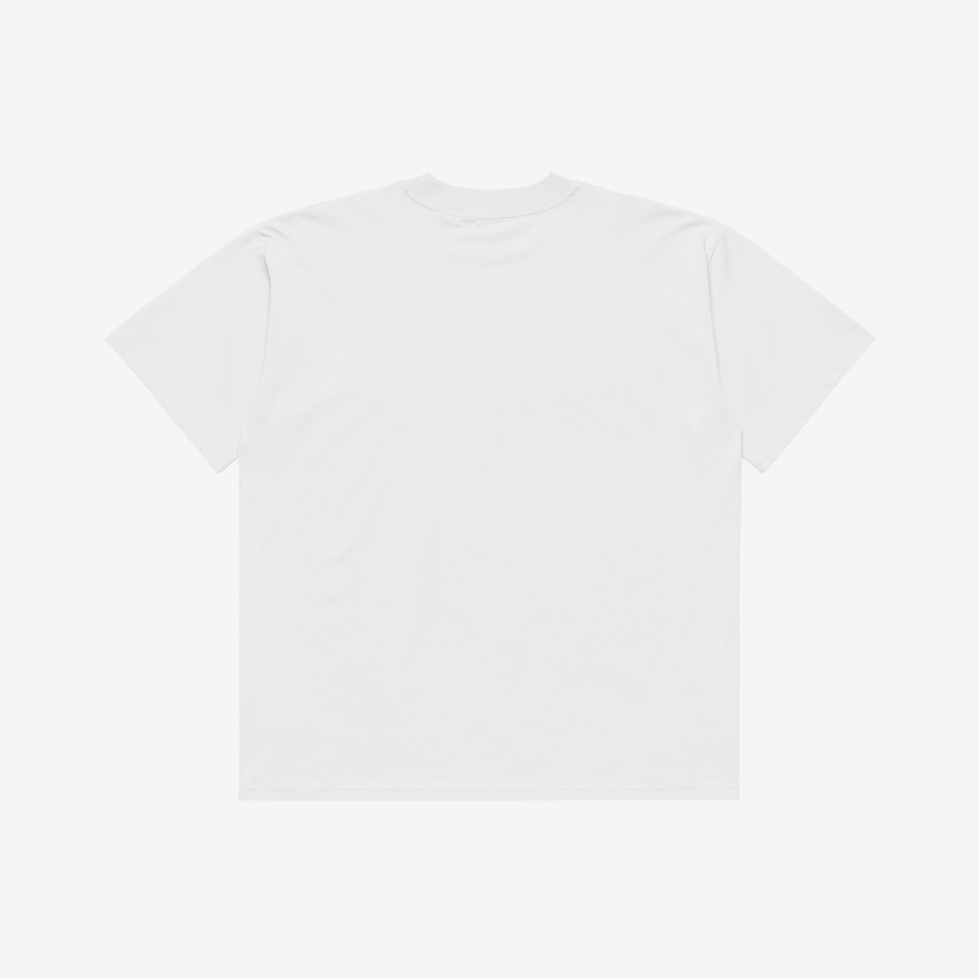 A white unisex premium quality Tee featuring an original red MOSCOW 1980 Olympics logo with 'МОСКВА 1980' wordmark on the left chest and official USSR Olympic Games bear mascot Misha on the right chest. Back side. www.artsoviet.com
