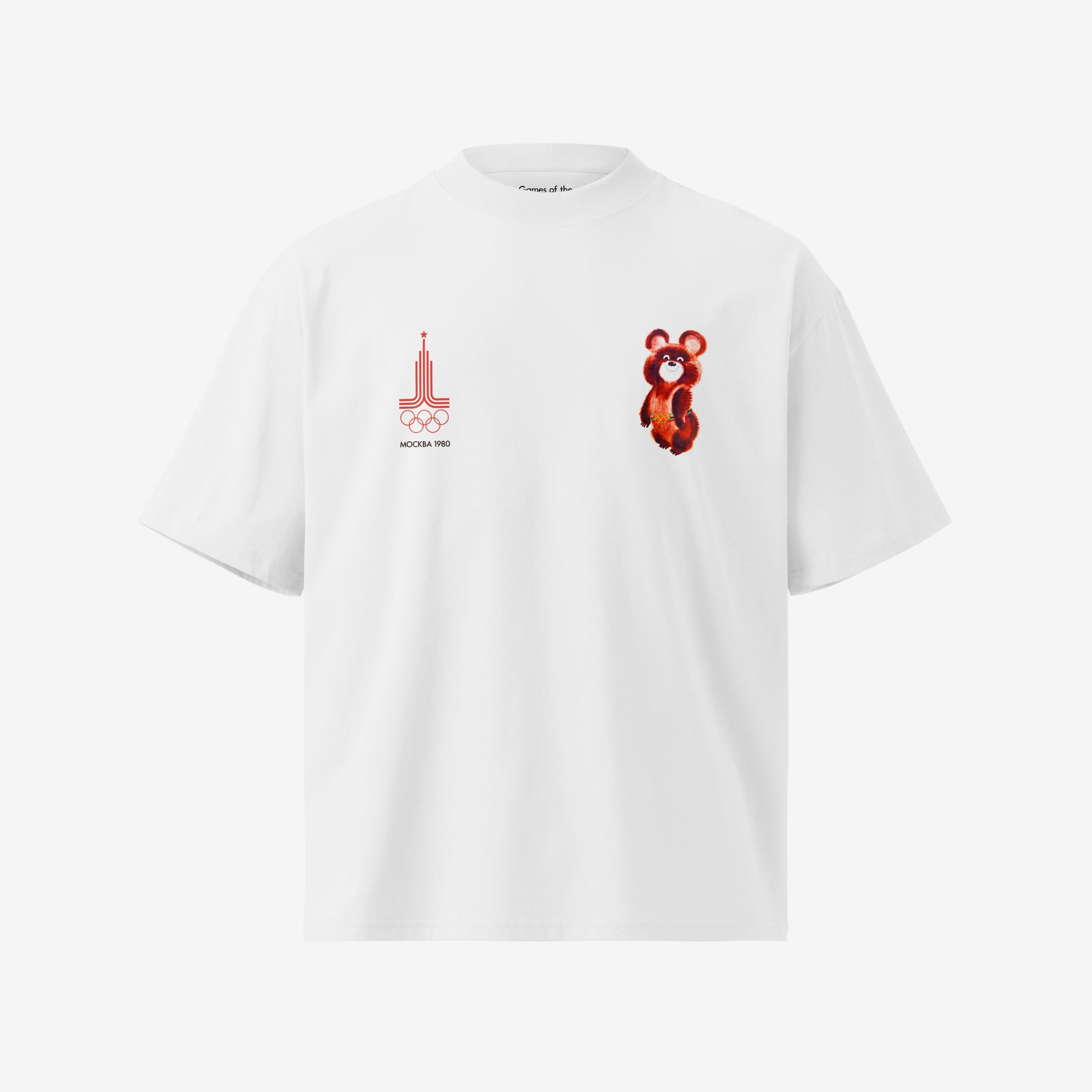 A white unisex premium quality Tee featuring an original red MOSCOW 1980 Olympics logo with 'МОСКВА 1980' wordmark on the left chest and official USSR Olympic Games bear mascot Misha on the right chest. 3D shaped mockup. Front. www.artsoviet.com