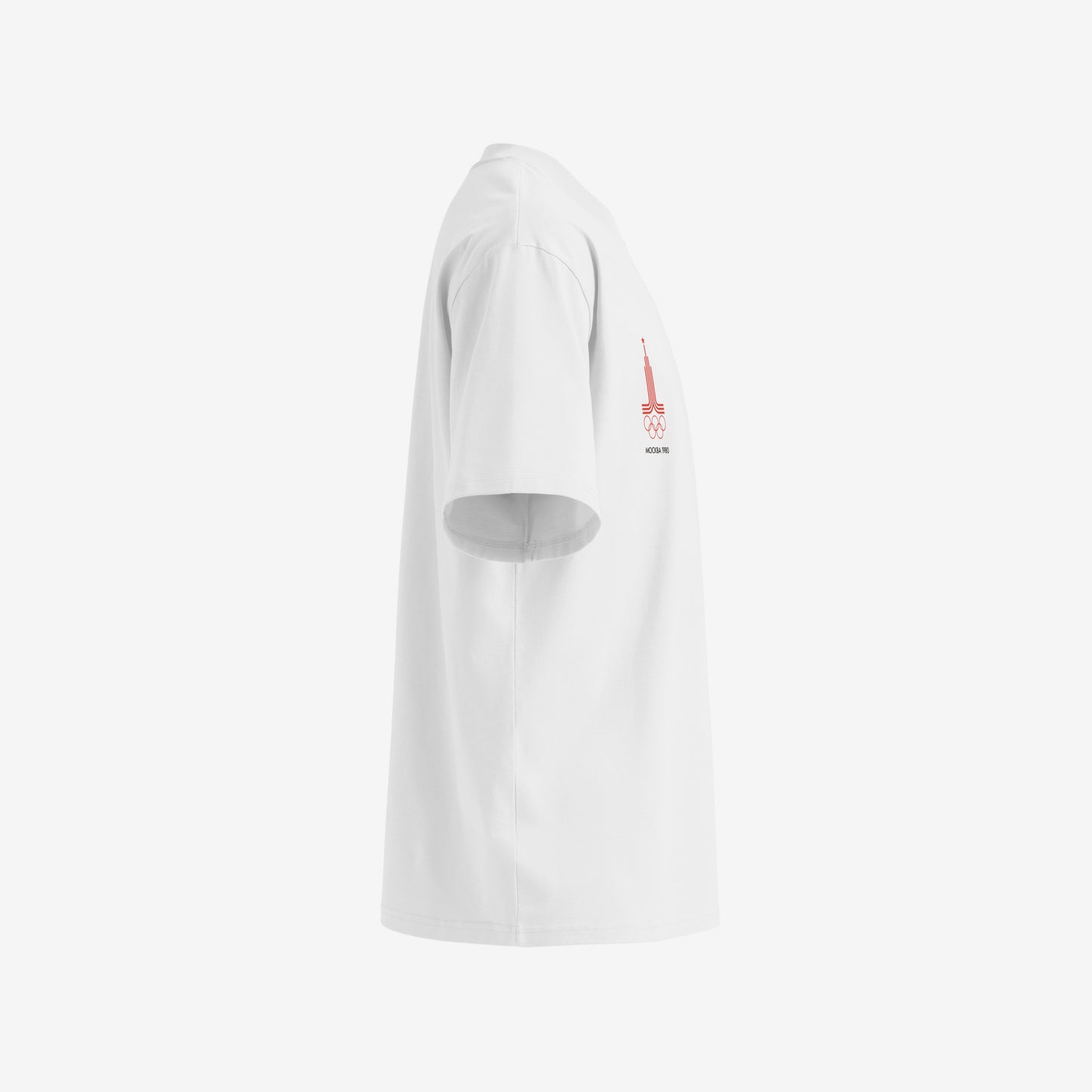 A white unisex premium quality Tee featuring an original red MOSCOW 1980 Olympics logo with 'МОСКВА 1980' wordmark on the left chest and official USSR Olympic Games bear mascot Misha on the right chest. 3D shaped mockup. Right side. www.artsoviet.com