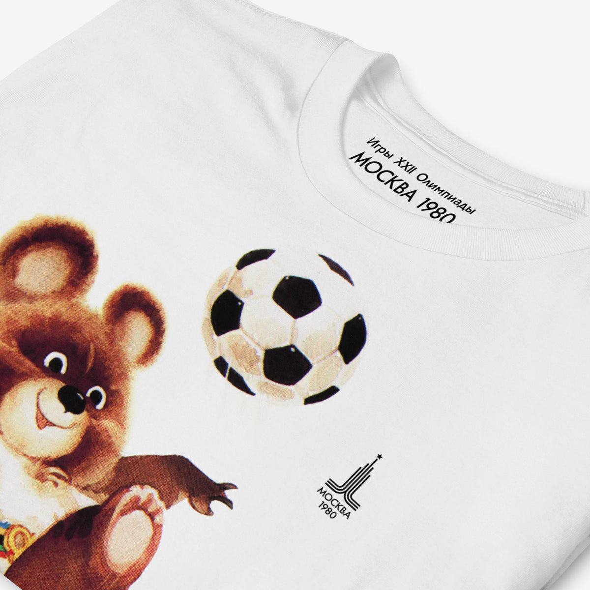 Original Moscow 1980 bear mascot Misha football white unisex T-Shirt. Closeup