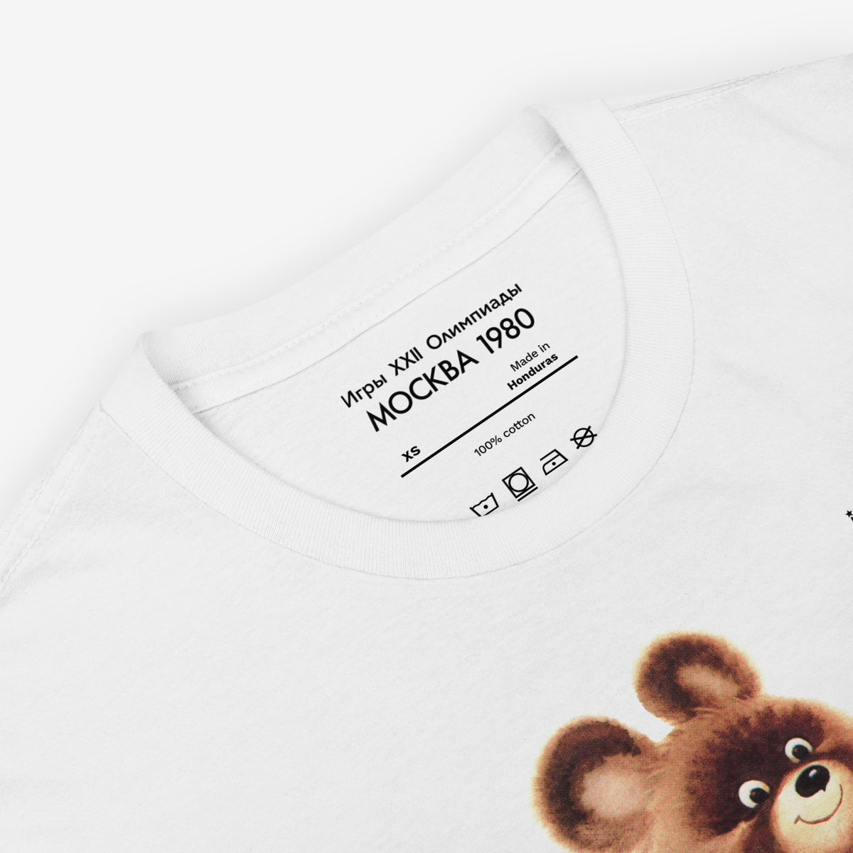 Original Soviet Moscow 1980 bear mascot Misha Judo white unisex T-Shirt. Necktag and print closeup