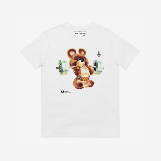 Original Moscow 1980 bear mascot Misha weightlifting white unisex T-Shirt