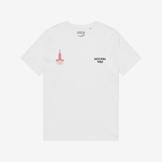 A white unisex Tee featuring an original red Moscow 1980 Olympics logo on the left chest and black wordmark 'МОСКВА 1980' on the right chest. www.artsoviet.com