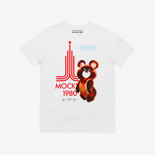 Original USSR Olympics white unisex T-shirt featuring official mascot bear Misha and Moscow 1980 logo