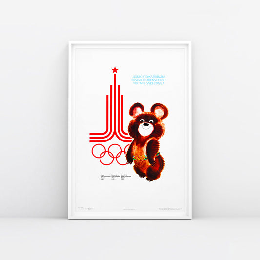 Large 91x61cm original Moscow 1980 Soviet Olympic Games poster featuring mascot bear Misha and USSR Olympics logo. Framed. www.artsoviet.com