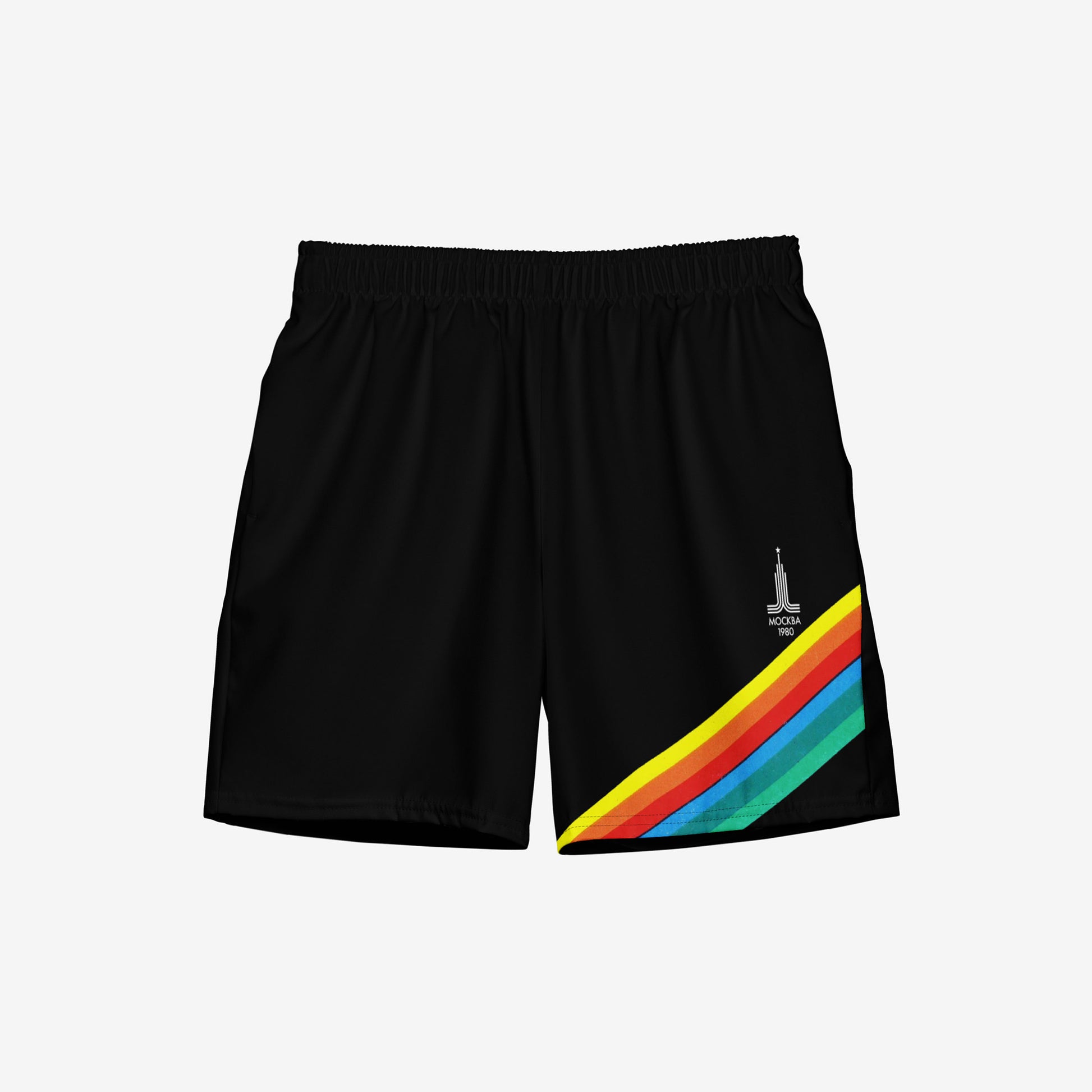 Soviet Olympic black swim trunks featuring vintage rainbow stripe and Moscow 1980 Olympics logo. Front side. www.artsoviet.com