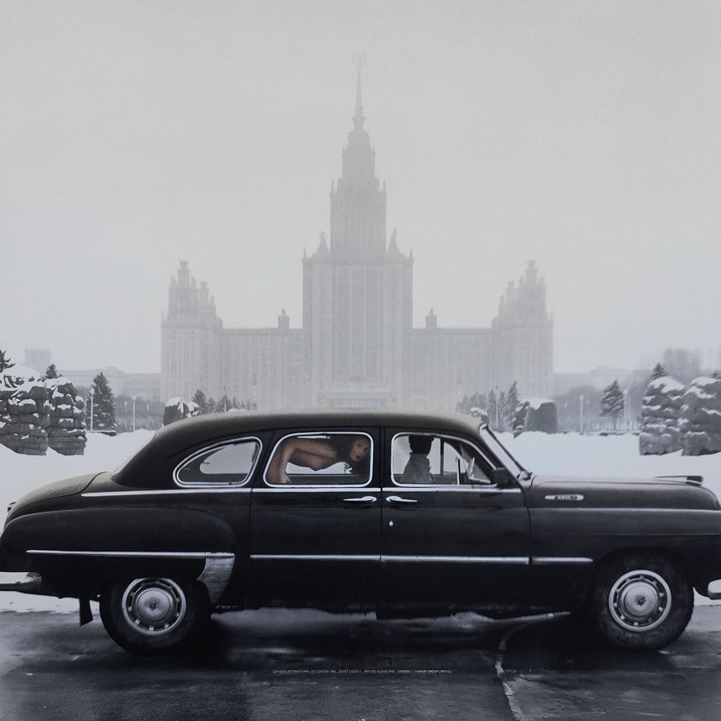 Late Soviet Moscow photo poster with Chaika car, nude woman inside, and Stalinist skyscraper in background – with cinematic tone.
