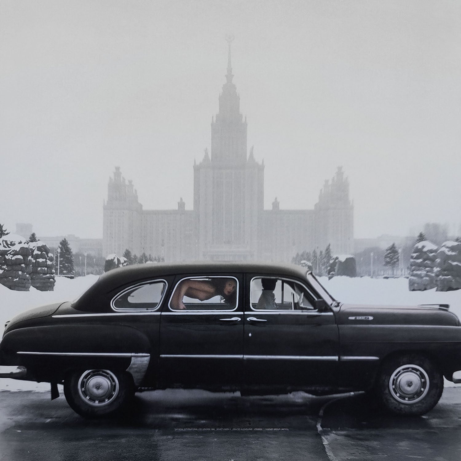Late Soviet Moscow photo poster with Chaika car, nude woman inside, and Stalinist skyscraper in background – with cinematic tone.