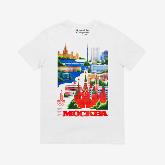 Unisex white T-shirt with large vintage print of Moscow 1980 Olympic Games art featuring Kremlin, Ostankino Tower, and Moscow landmarks. www.artsoviet.com