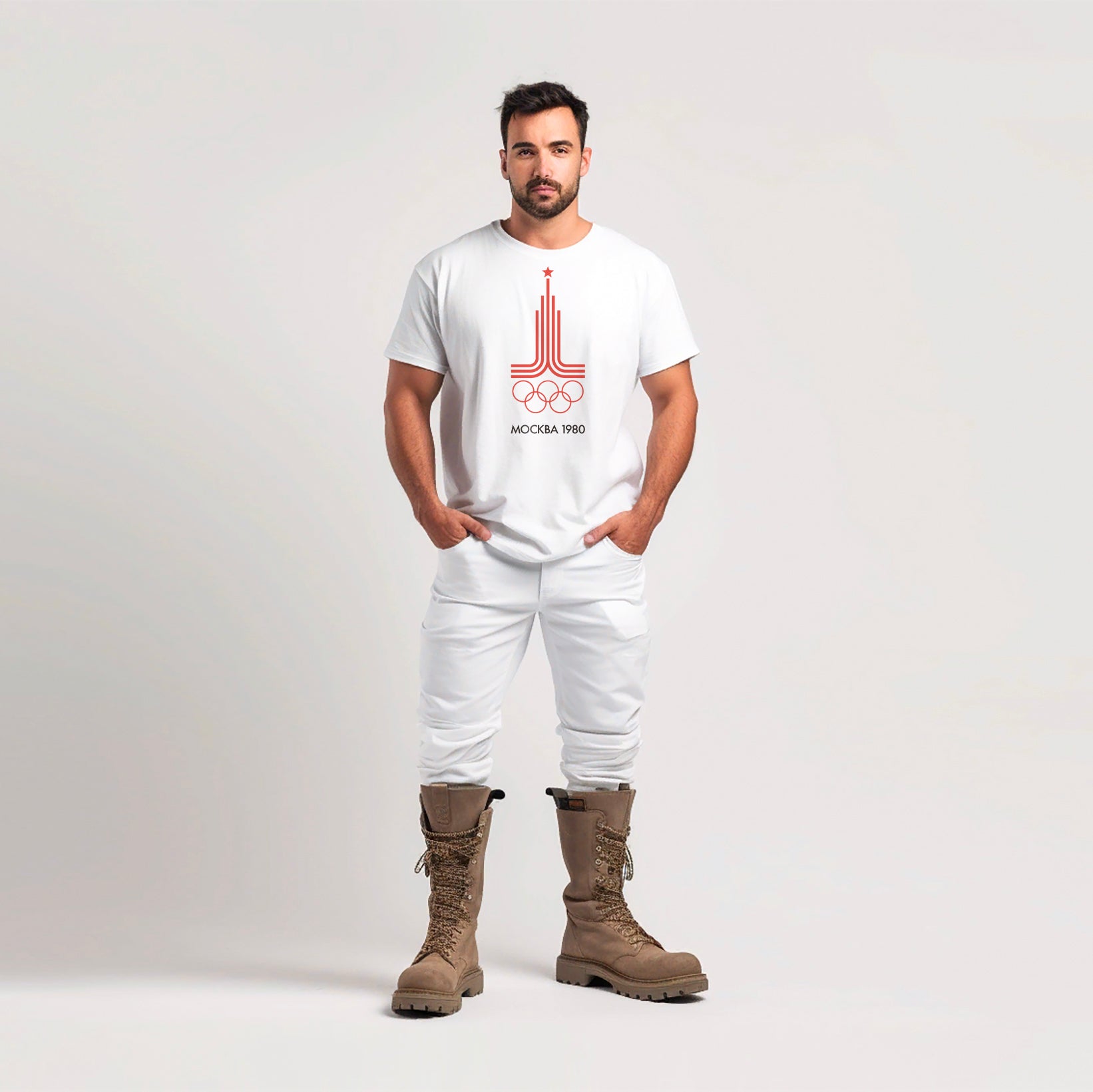 Men wearing vintage white Moscow 1980 Olympics t-shirt