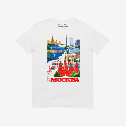Unisex white T-shirt with Moscow 1980 Olympic Games art featuring Kremlin, Ostankino Tower, and Moscow landmarks. www.sovisual.art