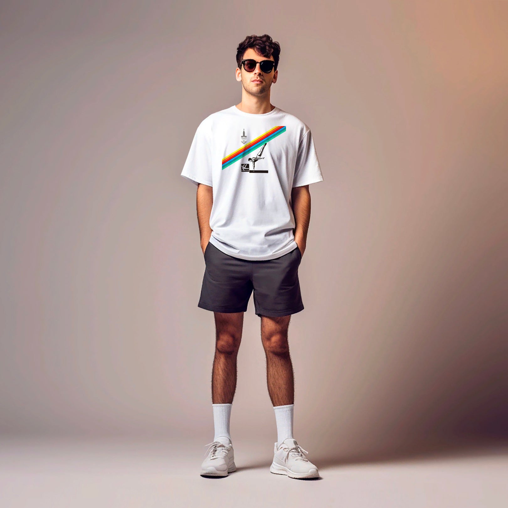 Boy model wearing vintage Soviet Moscow 1980 Olympics white unisex Tee