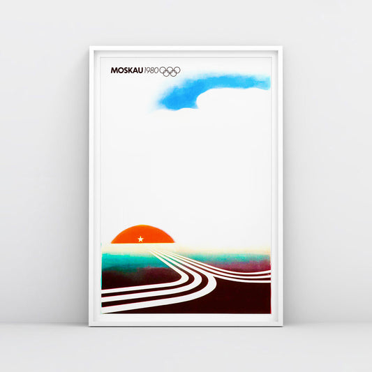Rare large Moscow 1980 Olympic Games poster with text MOSCAU, Olympic logo and minimalist composition with rising sun and roads made of Moscow Olympics logo going towards it. From artsoviet.com