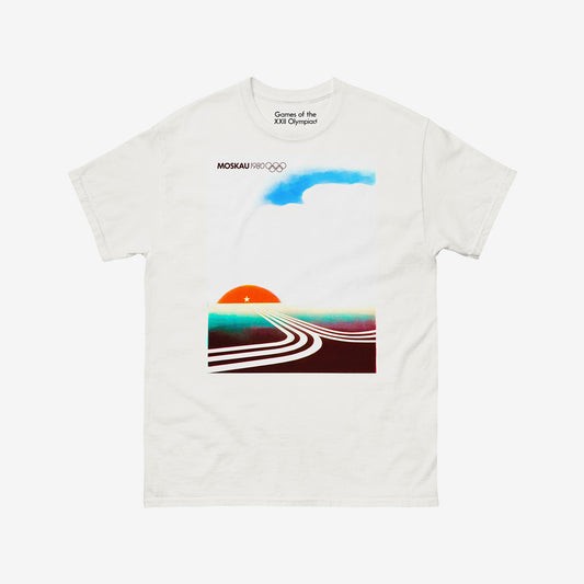 Unisex white Moscow 1980 Olympic Games T-shirt with text MOSCAU, Olympic logo and minimalist composition with rising sun and roads made of Moscow Olympics logo going towards it. From artsoviet.com